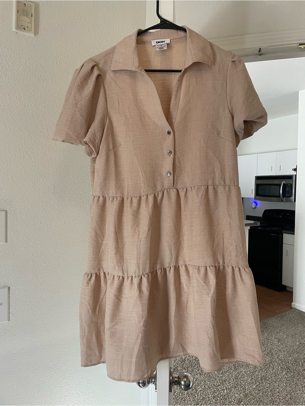 DKNY Beige Tiered Button-Front Shirt Dress